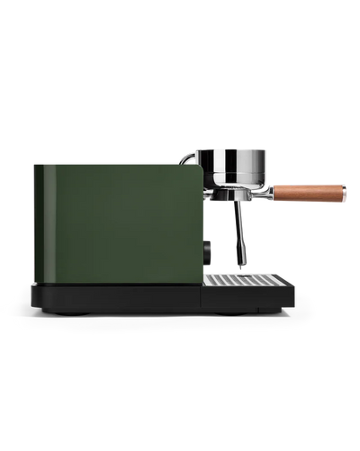 Black Fellow Espresso Series 1 Espresso Machine side view with portafilter attached, showcasing sleek design and precision.
